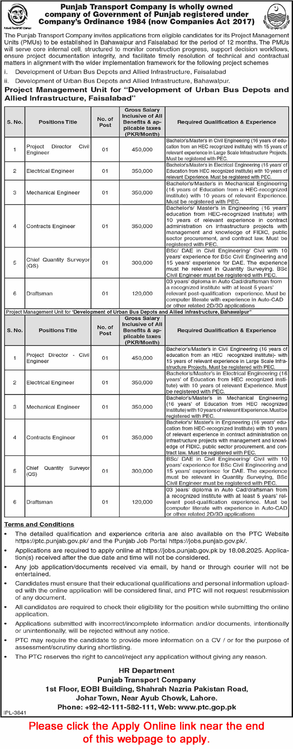 Punjab Transport Company Jobs 2025 August Apply Online Electrical / Mechanical Engineers & Others PTC Latest