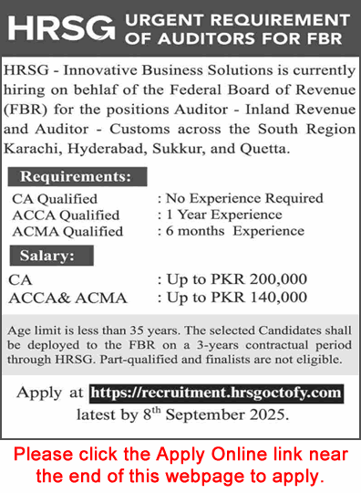 Auditor Jobs in HRSG Pakistan 2025 August Apply Online for Federal Board of Revenue (FBR) Latest