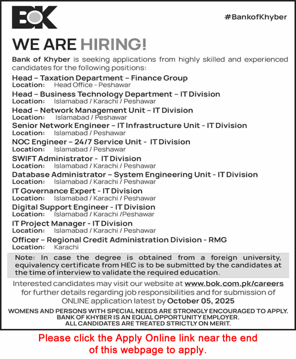 Bank of Khyber Jobs September 2025 Apply Online Retail IT Project Managers, Database Administrators & Others BOK Latest