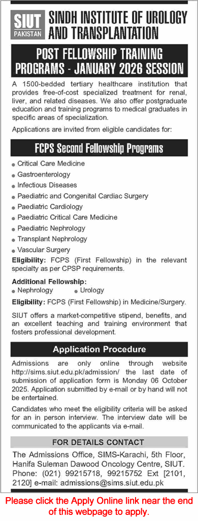 SIUT Karachi Post Fellowship Training Program September 2025 Apply Online Latest