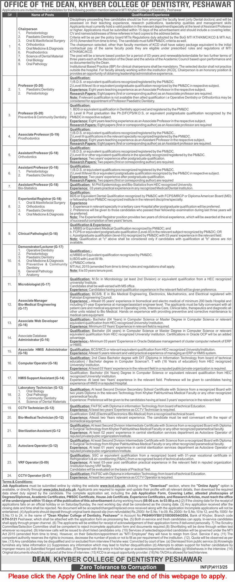 Khyber College of Dentistry Peshawar Jobs 2025 September / October Apply Online Teaching Faculty & Others KCD MTI Latest