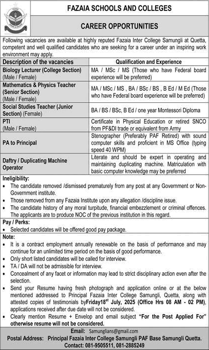 Fazaia Inter College Samungli Quetta Jobs July 2025 Teaching Faculty & Others FIC Latest