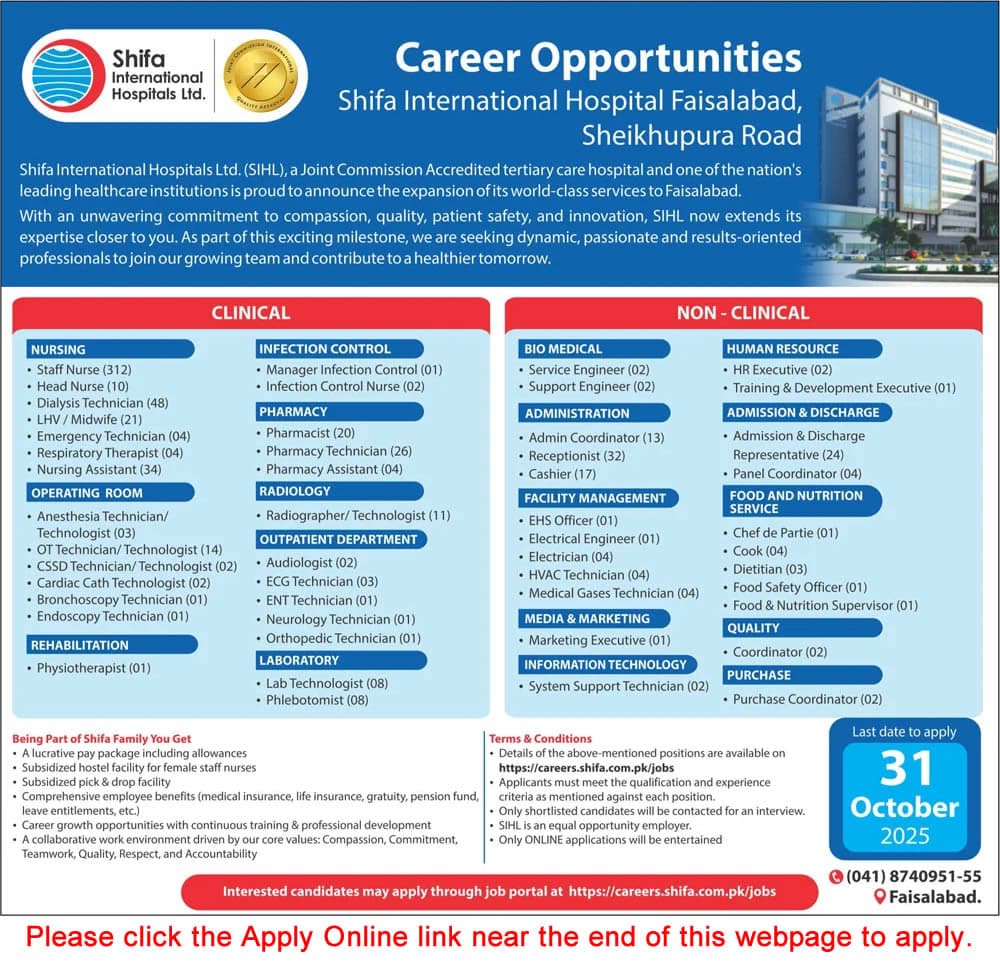 Shifa International Hospital Faisalabad Jobs October 2025 Apply Online Nurses, Medical Technicians & Others SIHL Latest