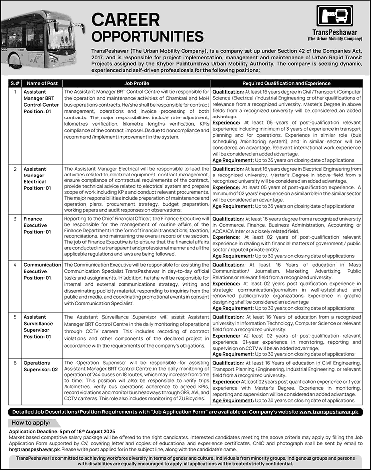 Trans Peshawar Jobs August 2025 Assistant Managers, Operations Supervisor & Others Latest