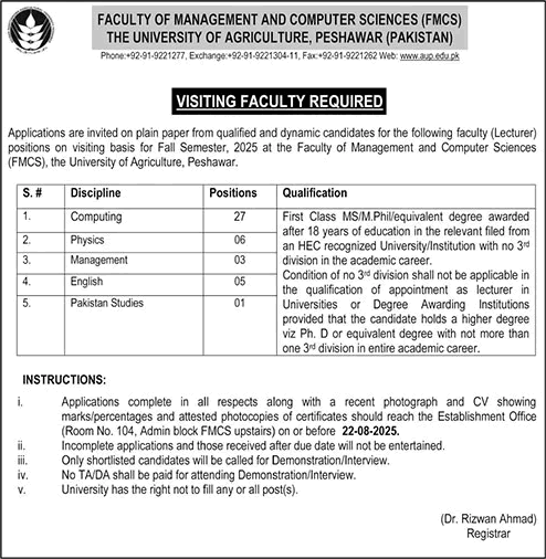 University of Agriculture Peshawar Jobs August 2025 Teaching / Visiting Faculty Latest