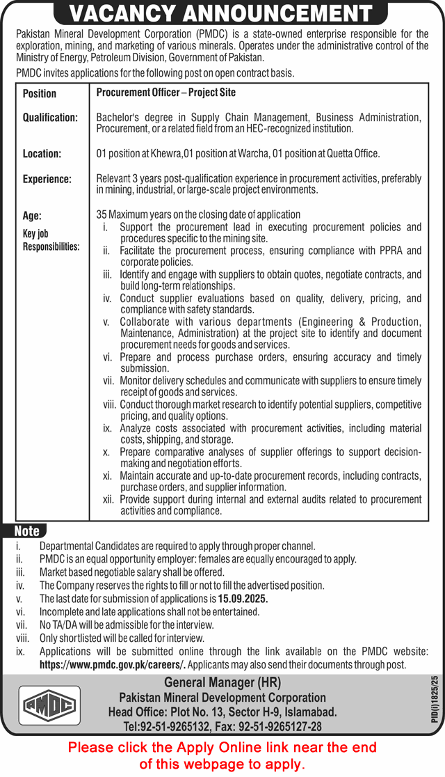 Procurement Officer Jobs in Pakistan Mineral Development Corporation 2025 August / September Apply Online PMDC Latest