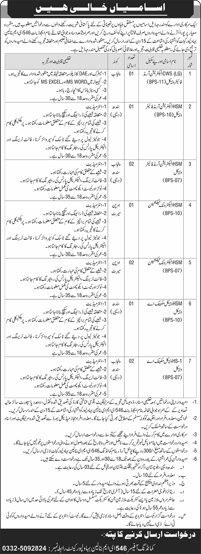 546 EME Battalion Bahawalpur Jobs 2025 November Electronics Technician, Vehicle Mechanic & Others Pakistan Army Latest